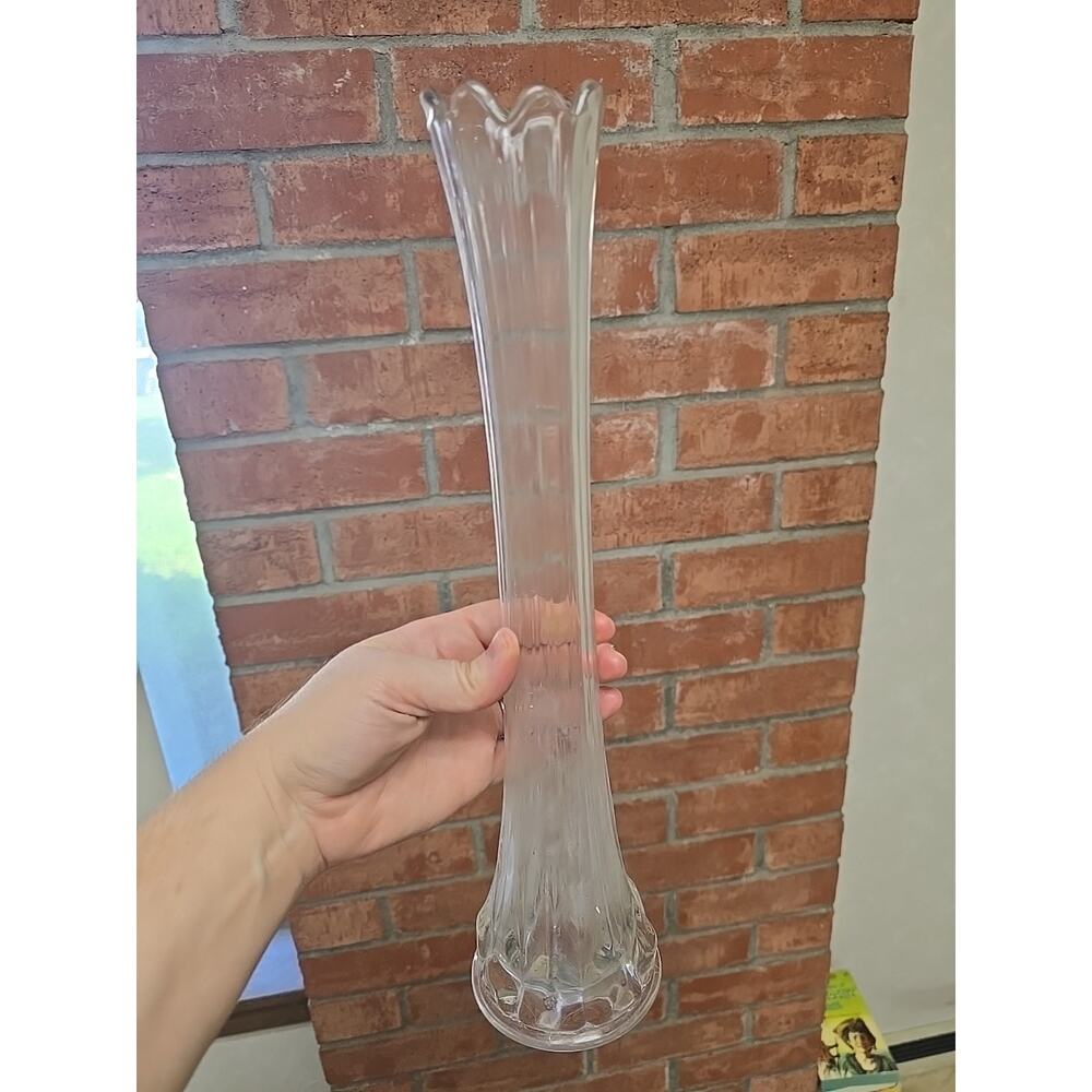 Vintage Tall Swung Art Glass Vase‎ Clear Frosted Glass Rose Footed Base Decor